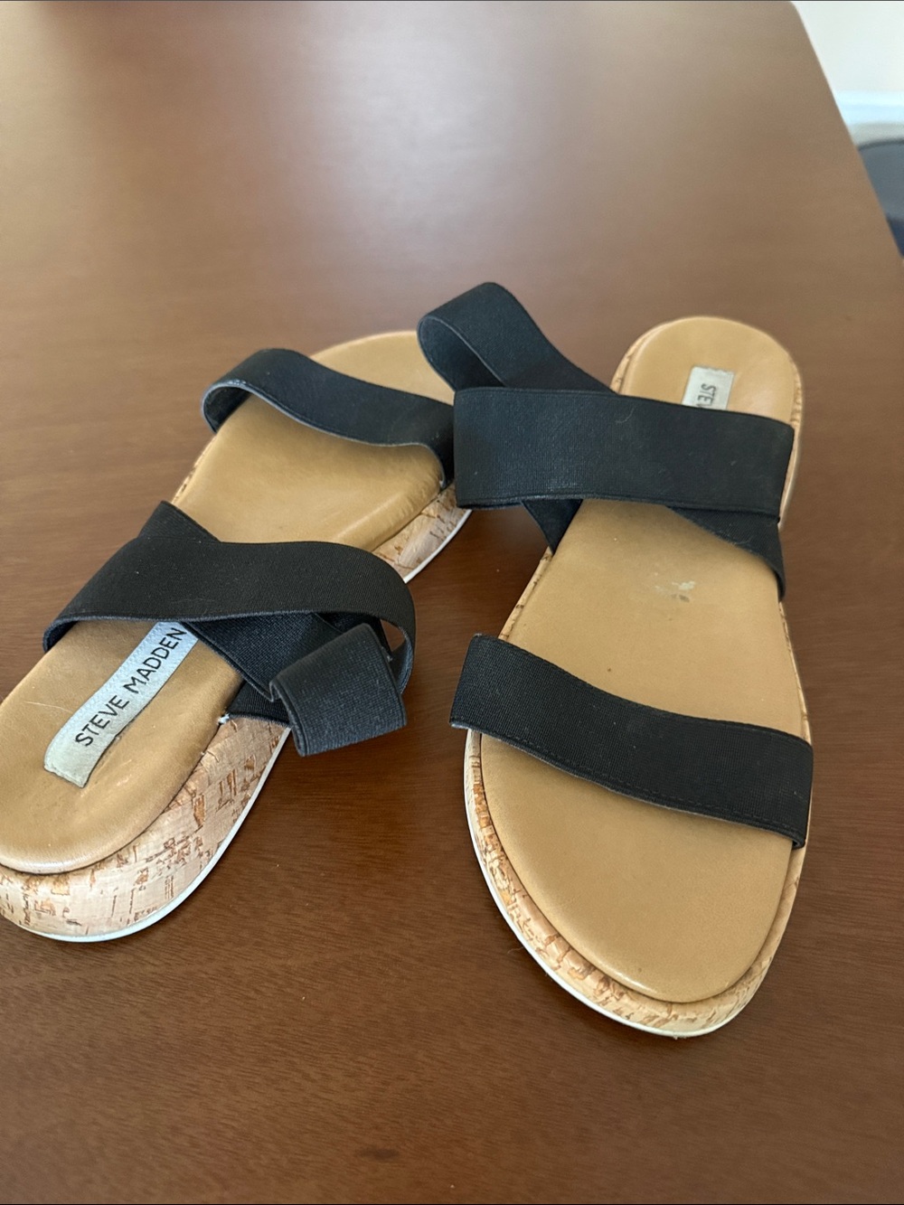 Steve Madden Black Elastic Cork-Trim Slide Sandals